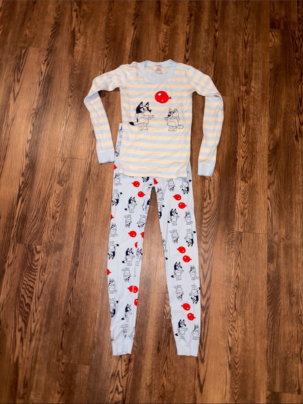 Kids Light Blue & White Striped Bluey Pajama Set with Red Accents